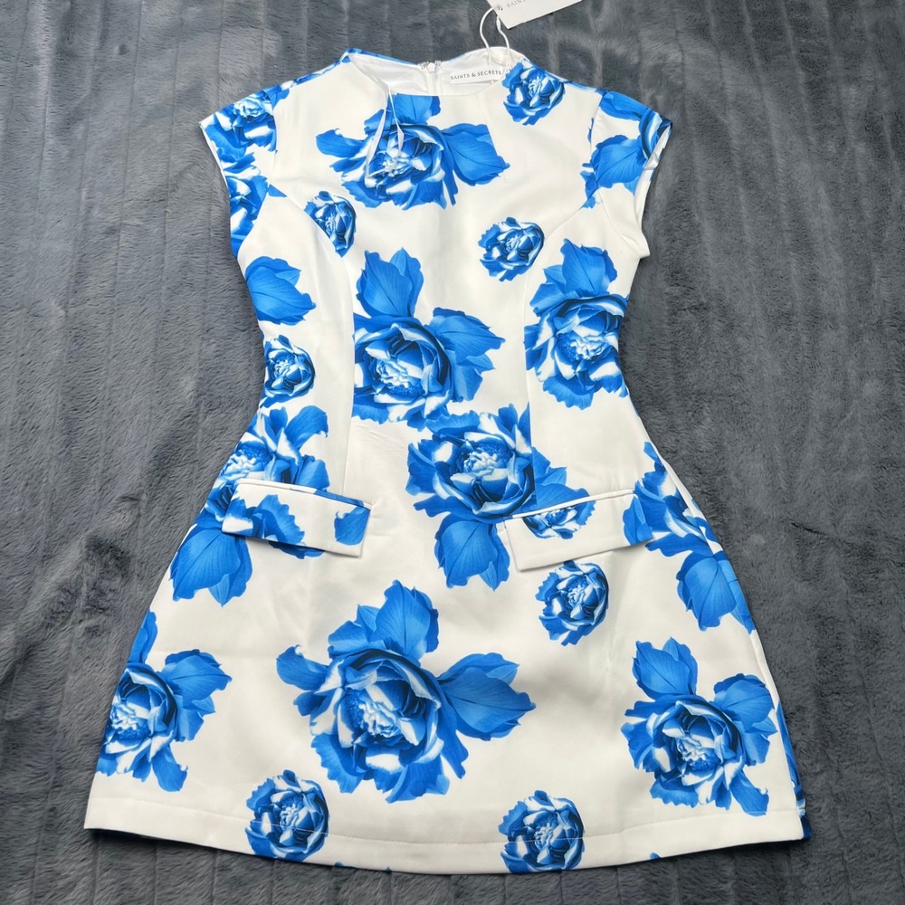Saints & Secrets Women Blue White Floral Sleeveless Mini Dress Size S Pocket